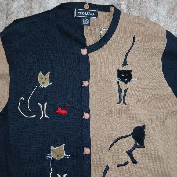 Cat Lover Knit Cardigan & Scarf Set Applique Embroidery | Black Tan | Size M... - Picture 7 of 16